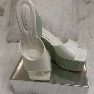 White and Green Wedge Sandals